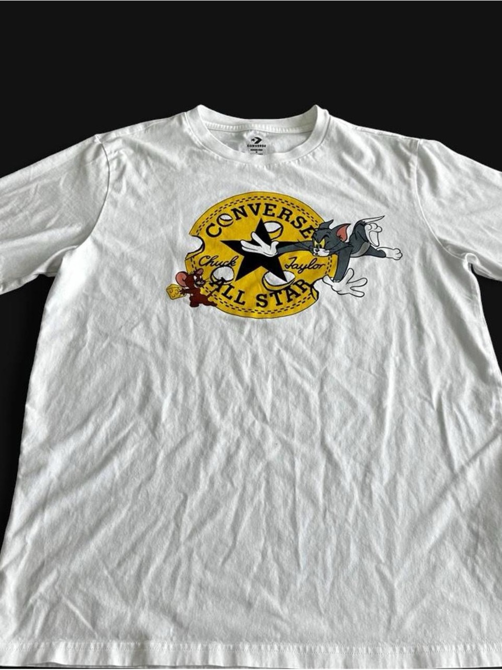 Converse White Short Sleeve Tee with Yellow All Star Graphic and Tom & Jerry Art